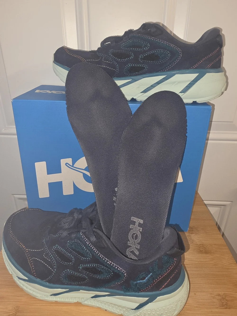 HOKA U Clifton L in a Suede Navy Leather and Mint Lightweight Running Shoes